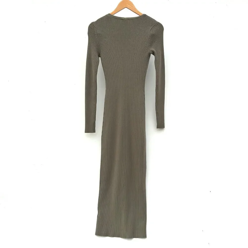 New Abercrombie & Fitch Button Front Ribbed Maxi Sweater Dress Olive Green Small